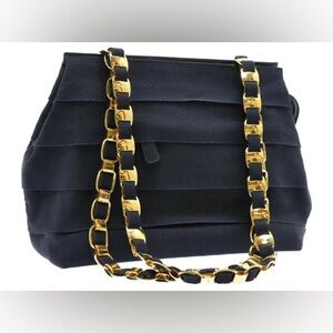 Vintage Salvatore Ferragamo Gancini chain shoulder bag navy gold-tone hardware